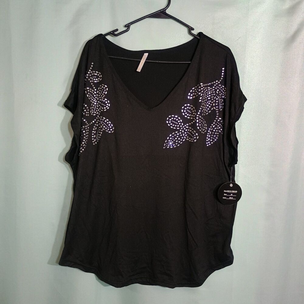 Black Rhinestone Floral V-Neck Blouse Short Sleeve Embellished Top